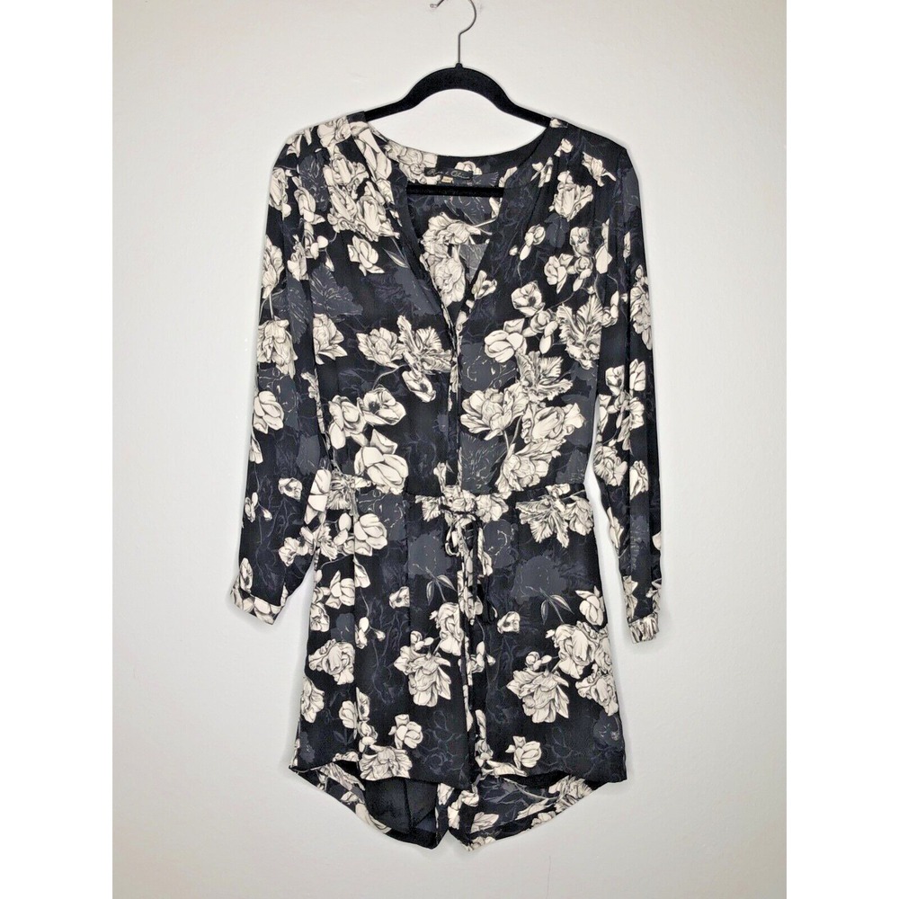 Rose & Olive Romper Womens Small Black White Floral Long Sleeve Drawstring Waist